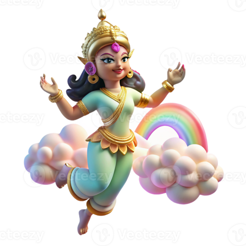 serene vintage A graceful Apsara, a celestial nymph, dancing in the clouds, illuminated by a rainbow. Hindu mythology style authentic png