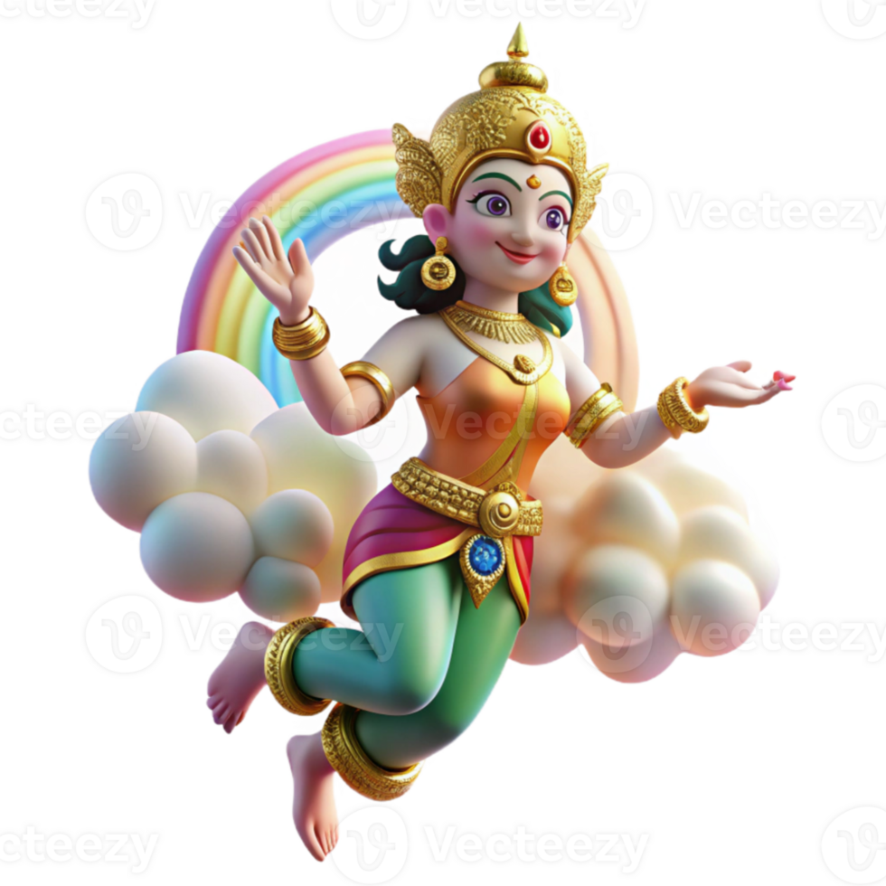 serene traditional A graceful Apsara, a celestial nymph, dancing in the clouds, illuminated by a rainbow. Hindu mythology style detailed png