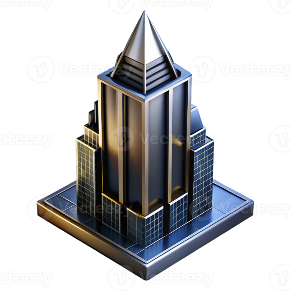 extraordinary traditional Art Deco skyscraper, chrome and black glass, dramatic uplighting, highly polished surfaces, isometric view authentic png