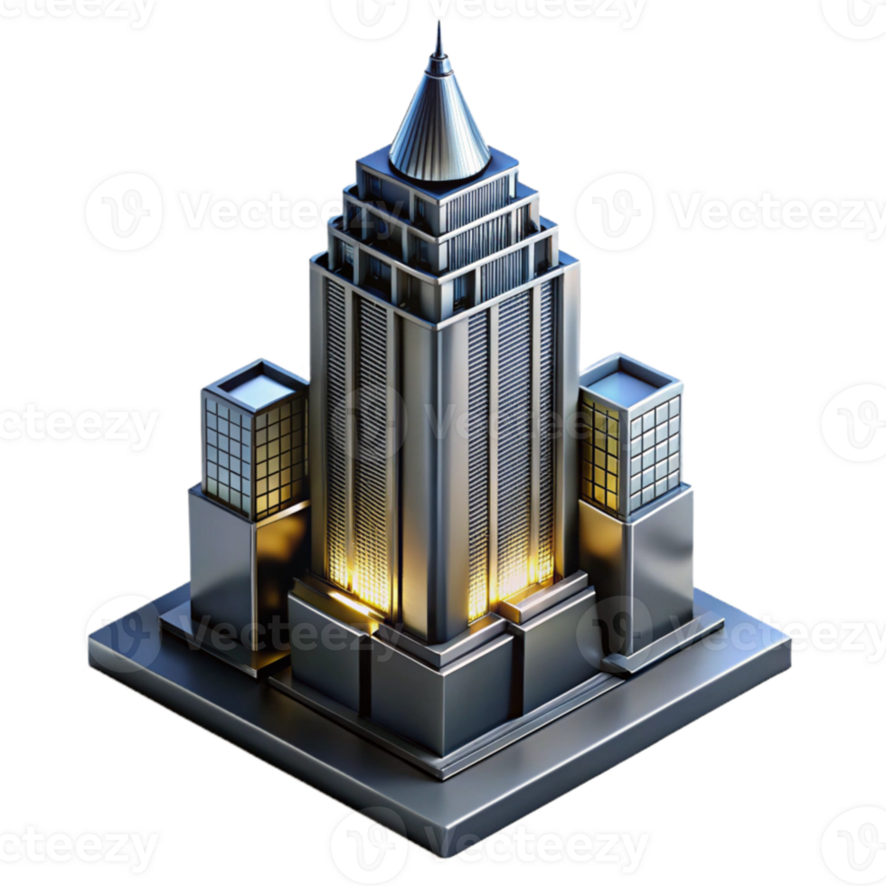 stunning artistic Art Deco skyscraper, chrome and black glass, dramatic uplighting, highly polished surfaces, isometric view genuine png