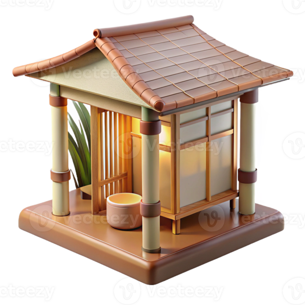 vibrant artistic Japanese teahouse, bamboo and paper construction, soft diffused light, ukiyo-e style high resolution png