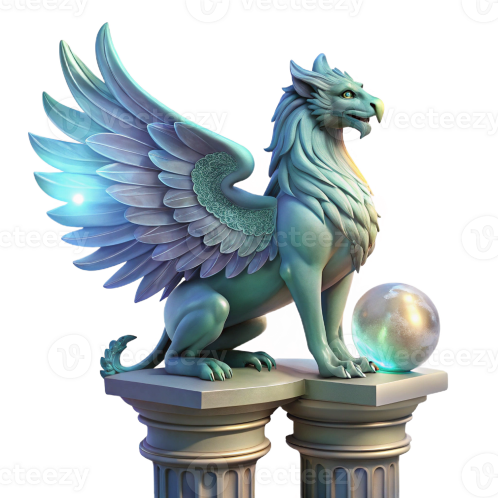 stunning rustic A majestic griffin with iridescent feathers, perched atop a crumbling marble pillar, lit by a single ray of ethereal moonlight, in the style of a classical oil painting genuine png