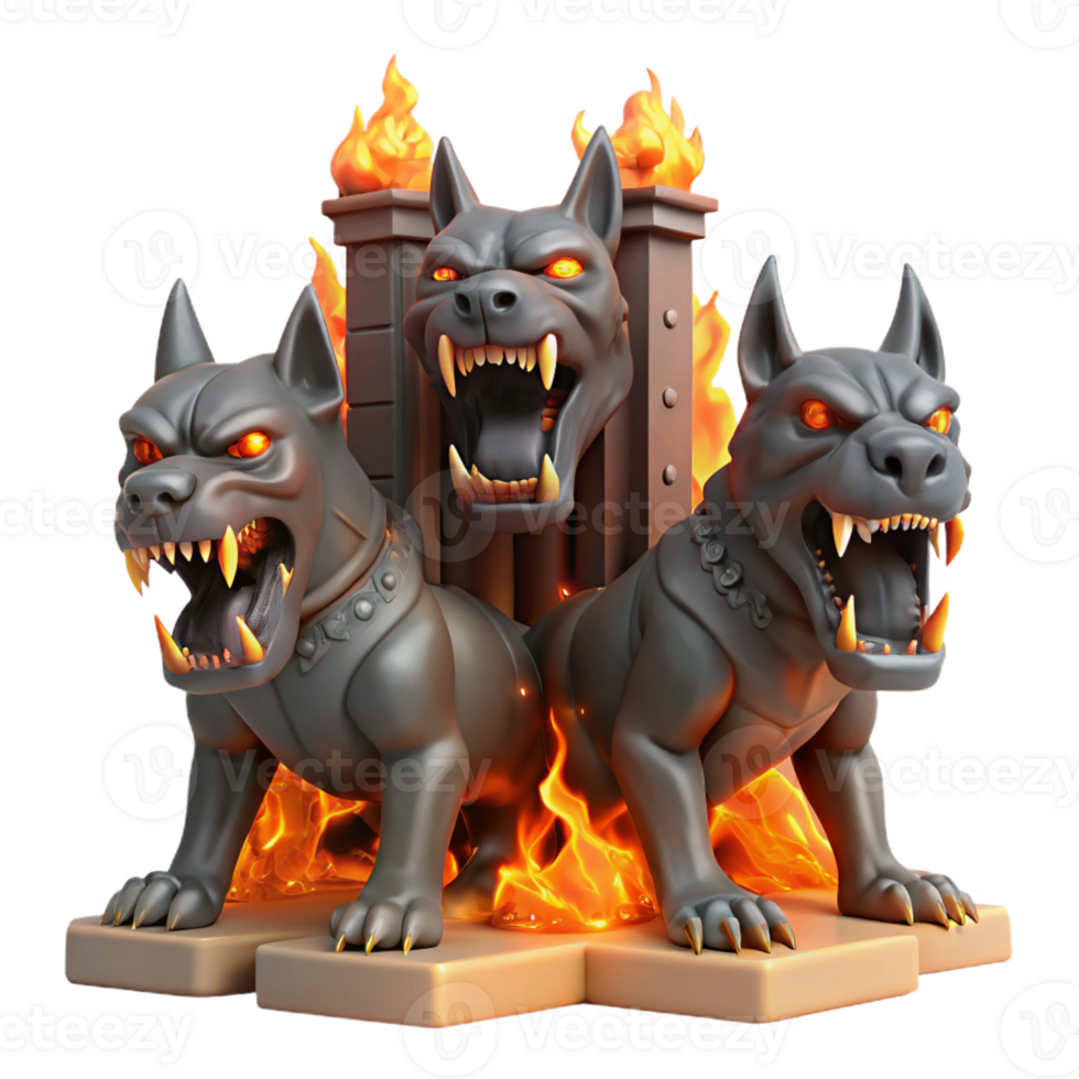 impressive modern A fierce, three-headed Cerberus guarding the gates of the underworld, bathed in the flickering orange glow of hellfire, in a gritty, realistic style high quality png