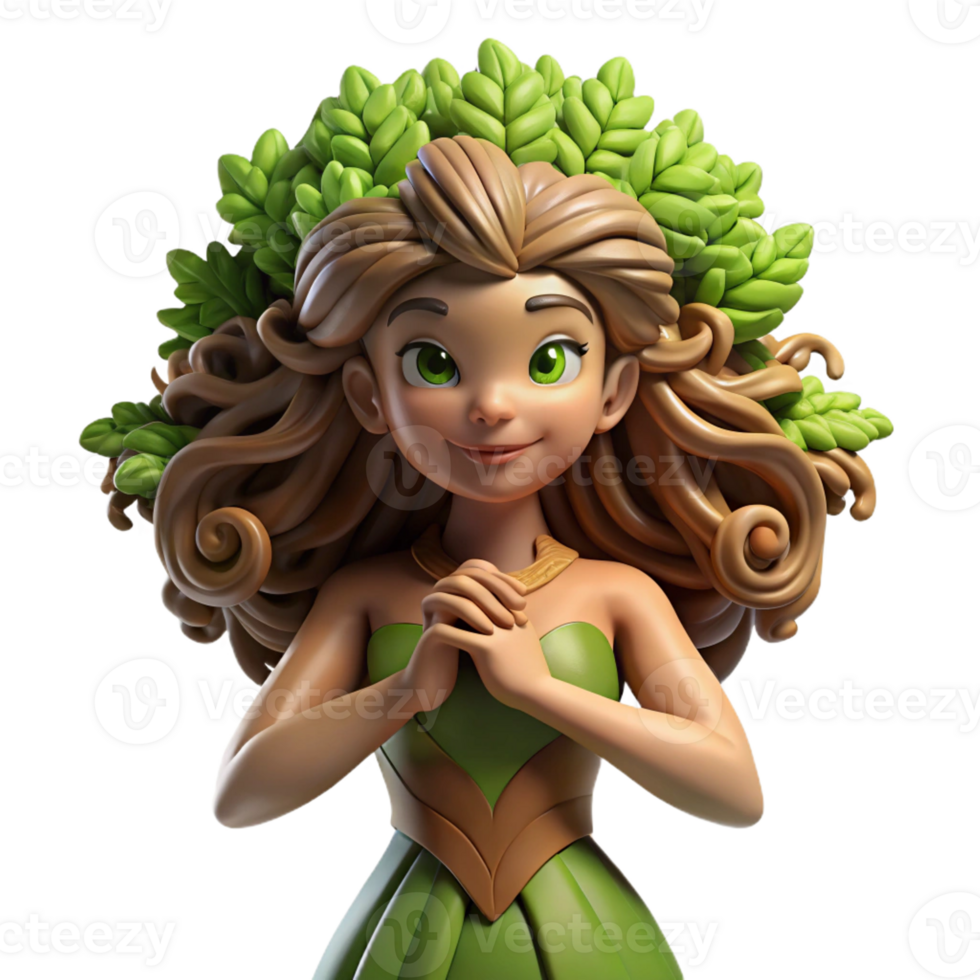 extraordinary creative An elegant dryad with bark-like skin and flowing leafy hair, embracing a giant oak tree, dappled with sunlight, in a whimsical, Art Nouveau style professional png