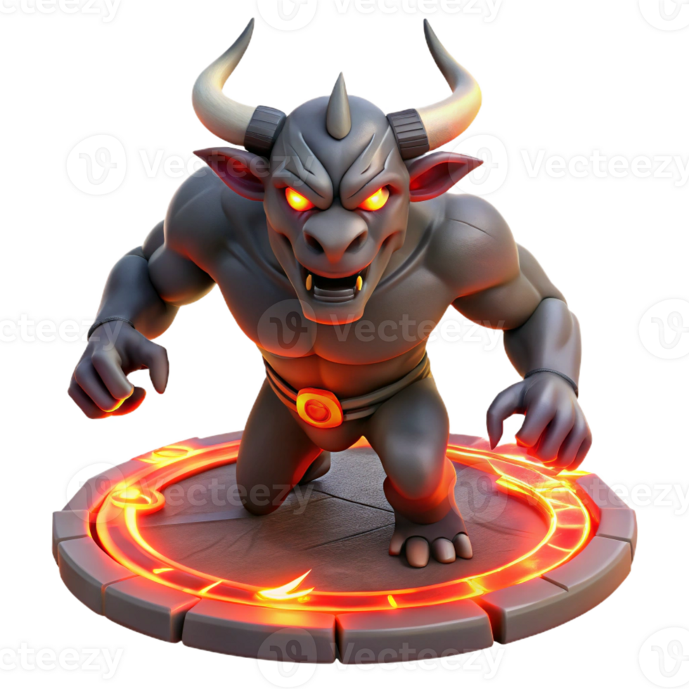 vibrant abstract A powerful minotaur with glowing red eyes, charging through a dark labyrinth, illuminated by torches, in a dynamic, comic book style genuine png