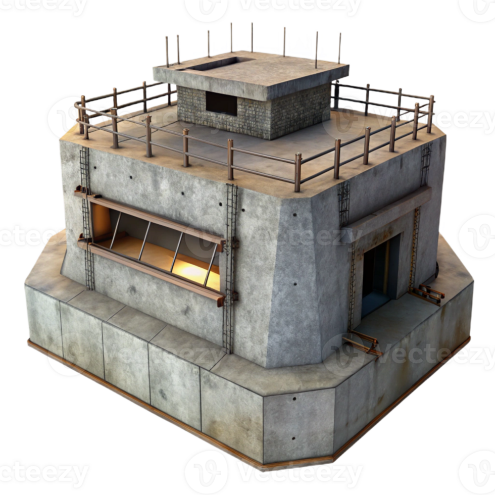 stunning traditional Brutalist concrete bunker, exposed rebar, overcast lighting, dystopian style authentic png
