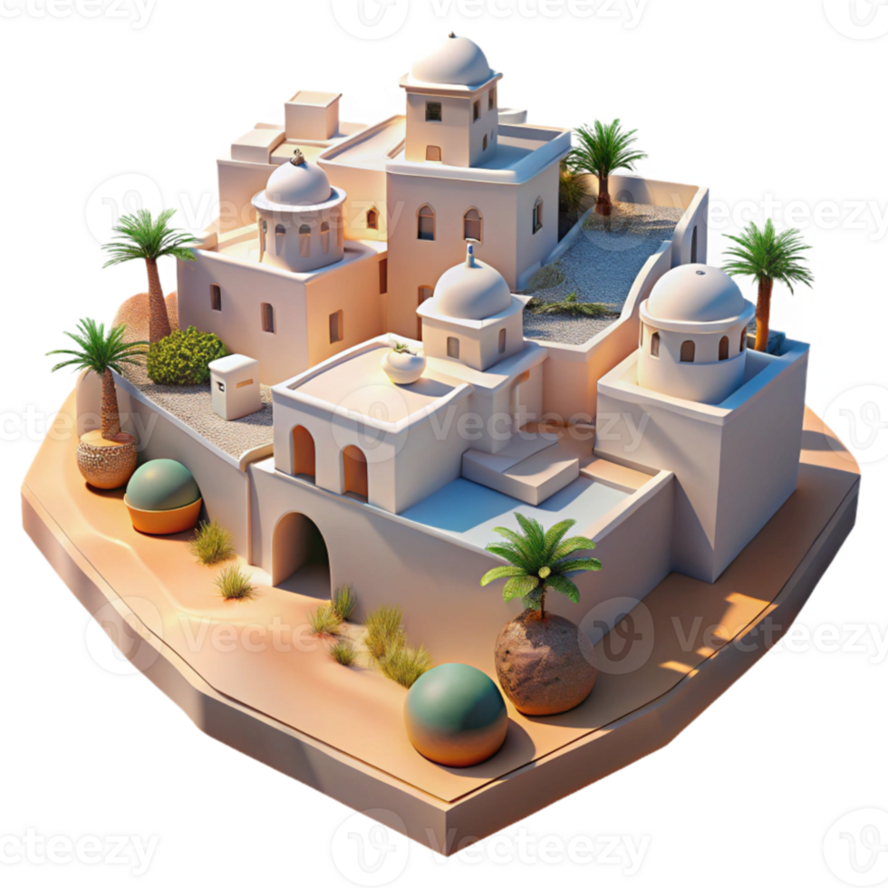 stunning modern Desert oasis city, whitewashed buildings, harsh midday sun, Middle Eastern style detailed png