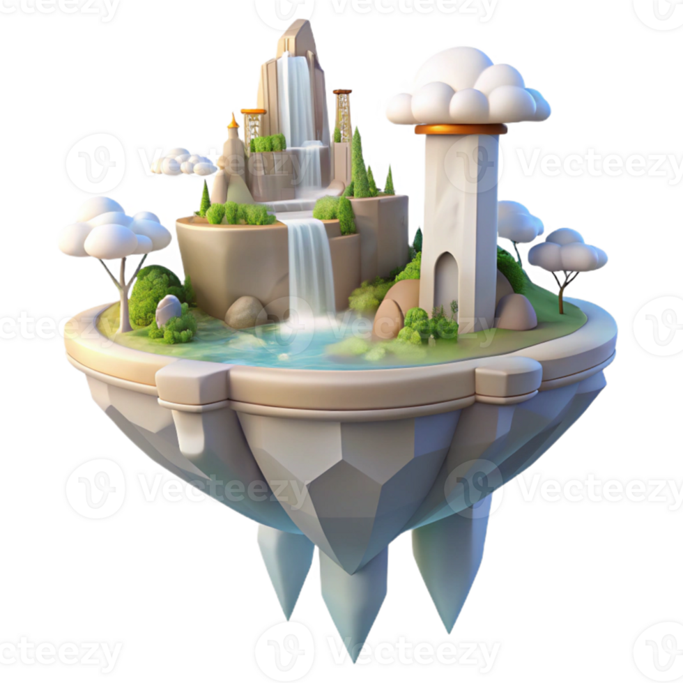 stunning modern Floating island city, waterfalls cascading down sides, ethereal light, fantasy style high quality png