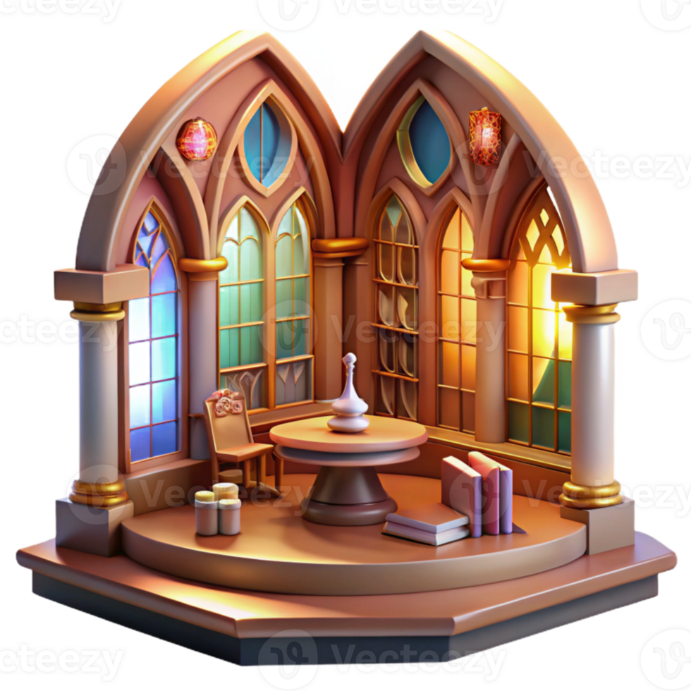 extraordinary modern Art Nouveau library, stained glass windows, warm interior light, ornate style professional png