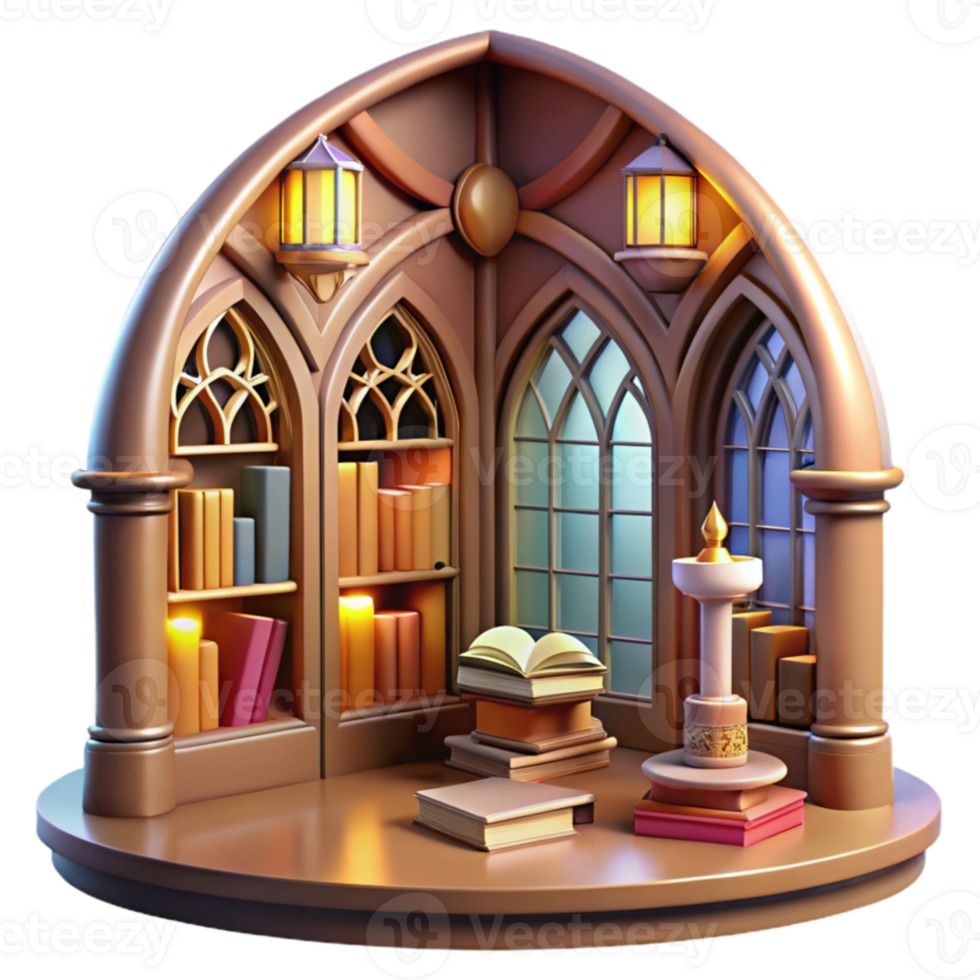 dramatic traditional Art Nouveau library, stained glass windows, warm interior light, ornate style original png