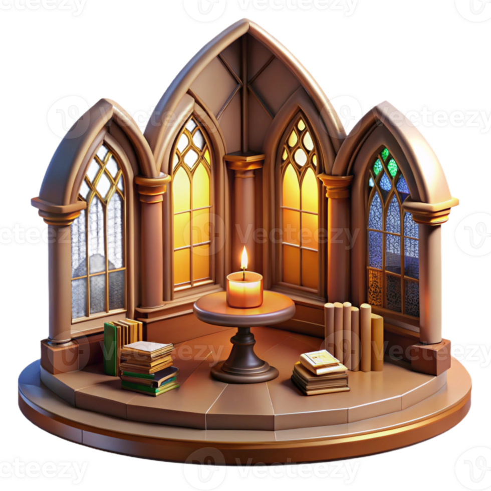 serene classic Art Nouveau library, stained glass windows, warm interior light, ornate style high quality png