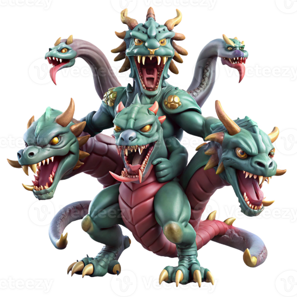 vibrant modern A powerful hydra with multiple heads, battling a brave knight, in a fiery volcanic landscape, in an epic, fantasy art style premium png