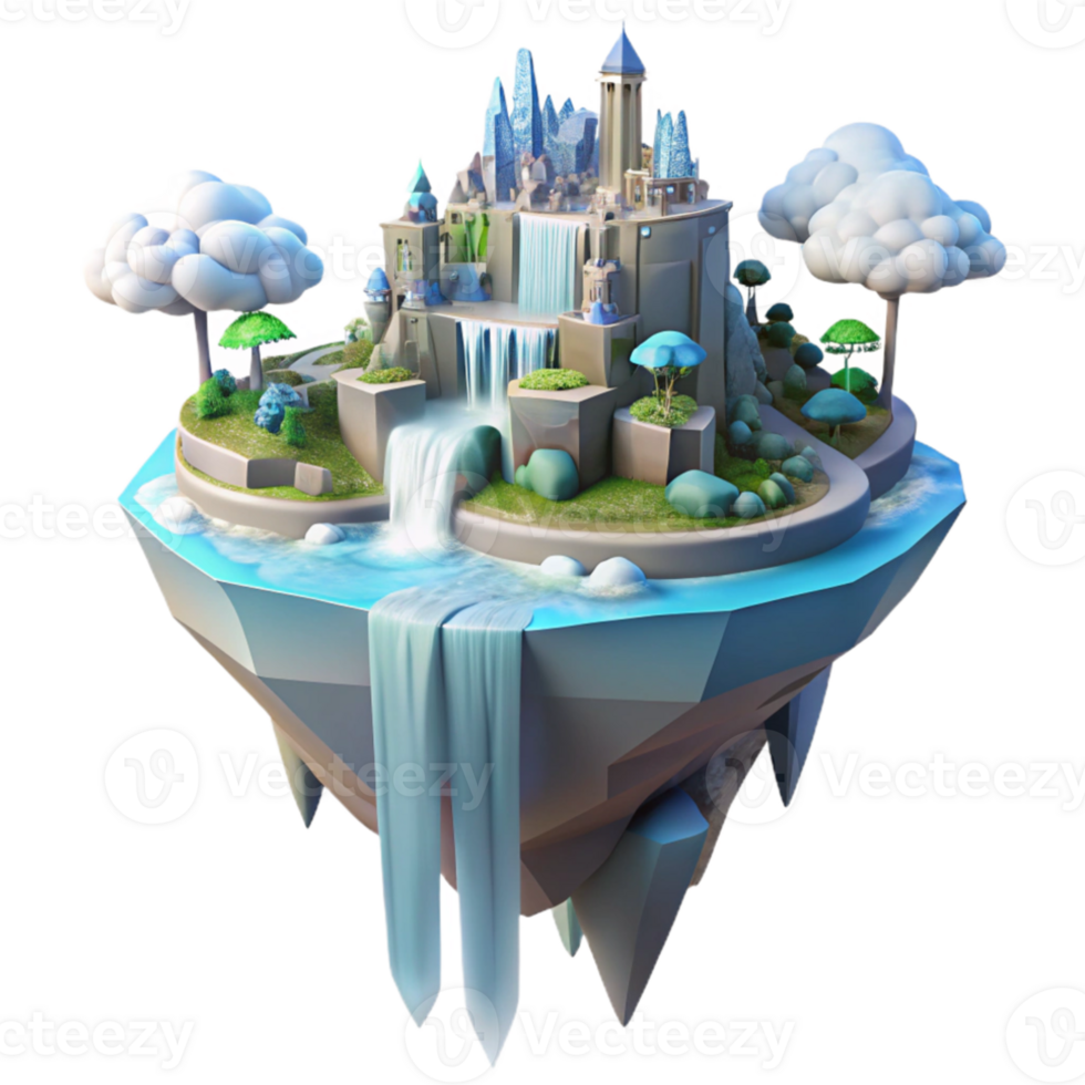 stunning vintage Floating island city, waterfalls cascading down sides, ethereal light, fantasy style genuine png