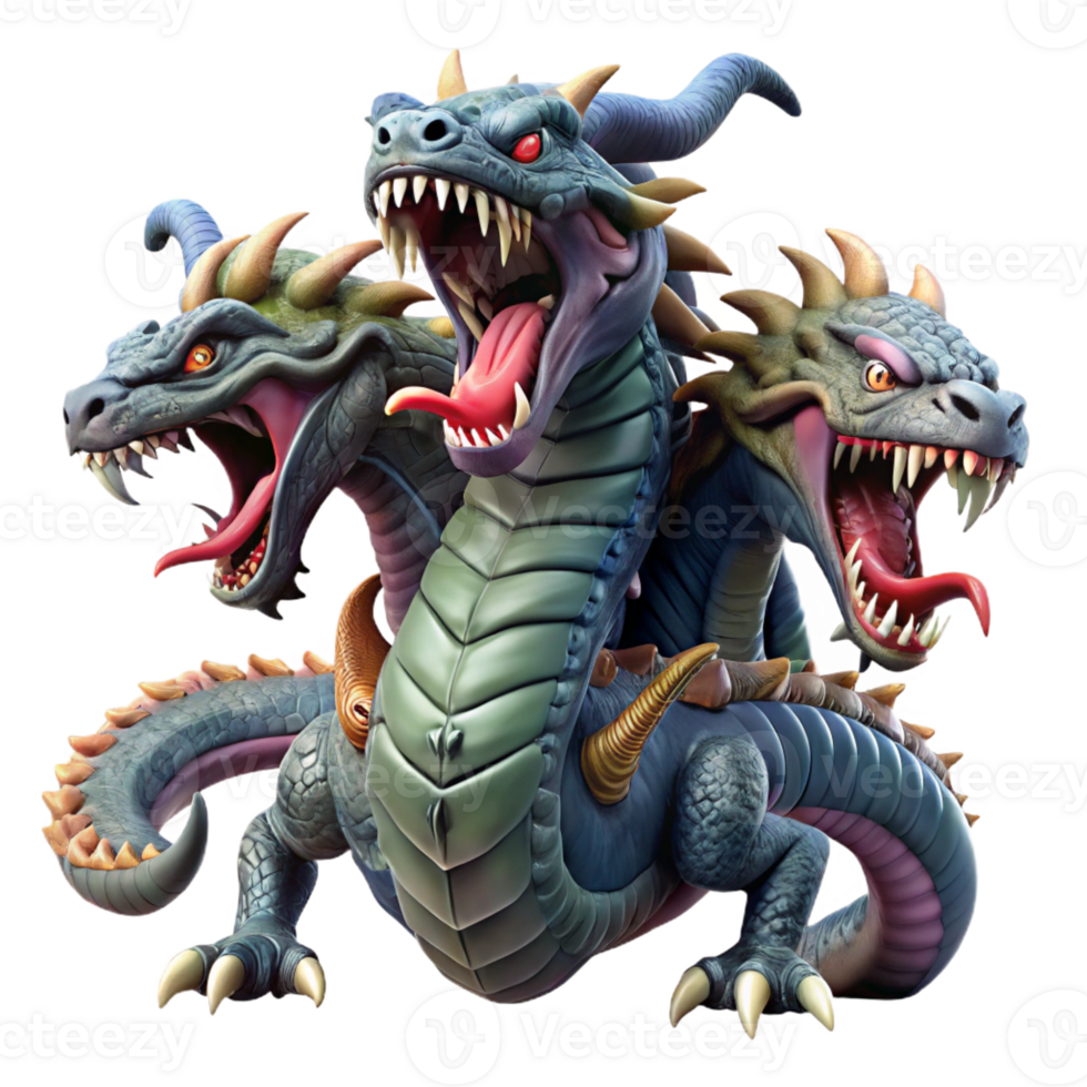 stunning classic A powerful hydra with multiple heads, battling a brave knight, in a fiery volcanic landscape, in an epic, fantasy art style exclusive png