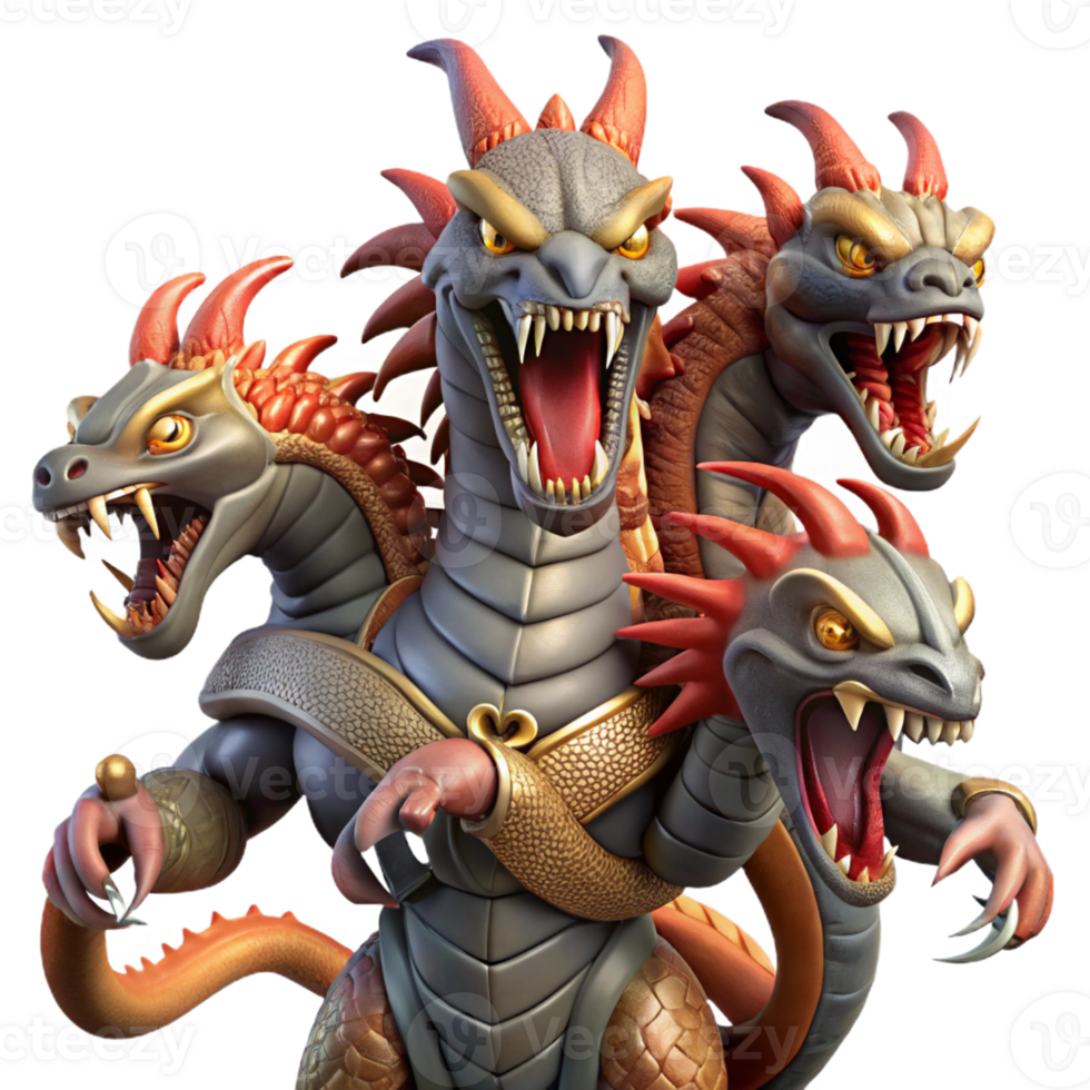 extraordinary rustic A powerful hydra with multiple heads, battling a brave knight, in a fiery volcanic landscape, in an epic, fantasy art style high quality png
