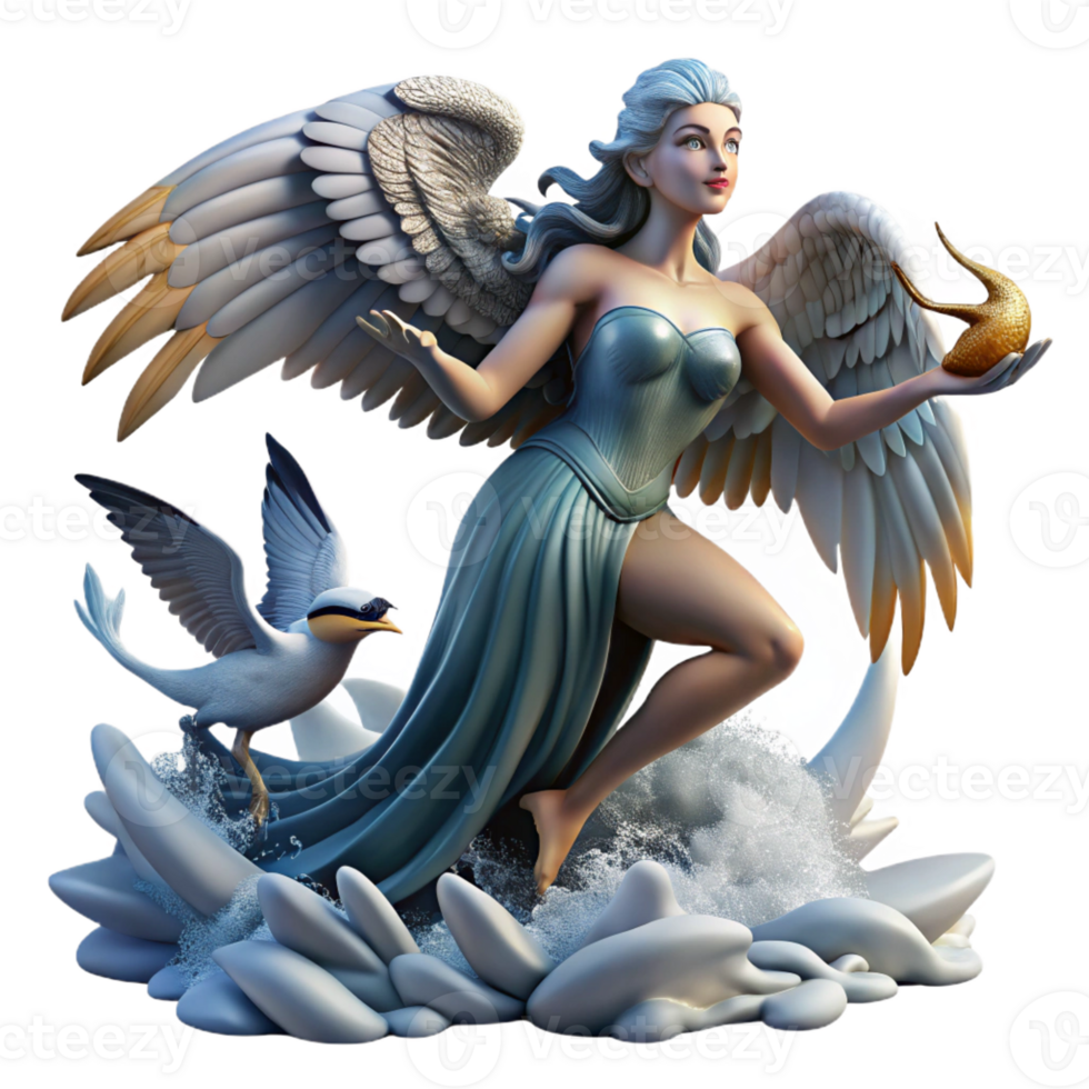 serene artistic A beautiful harpy with the body of a bird and the head of a woman, snatching a fish from the ocean, under a stormy sky, in a dynamic, Art Deco style detailed png