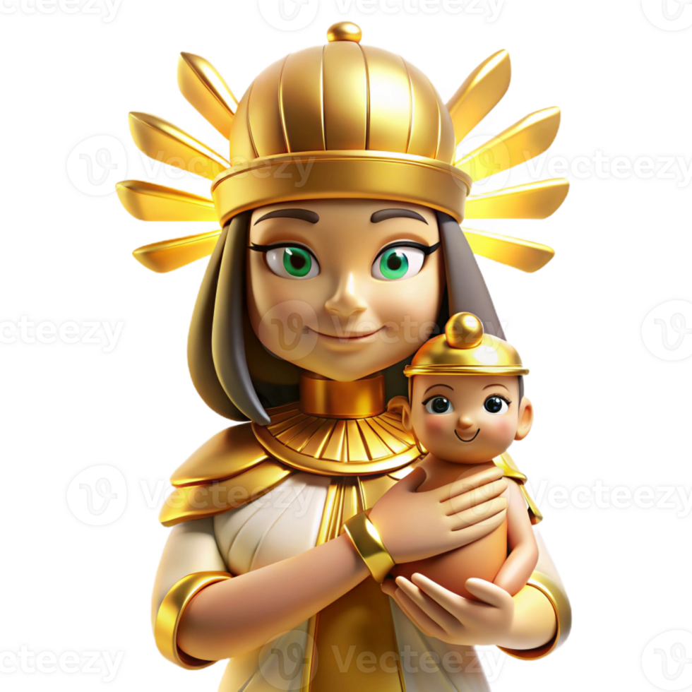 wonderful contemporary A benevolent Isis with a golden headdress, holding the infant Horus, bathed in a warm, golden light, in a serene, Egyptian Revival style detailed png