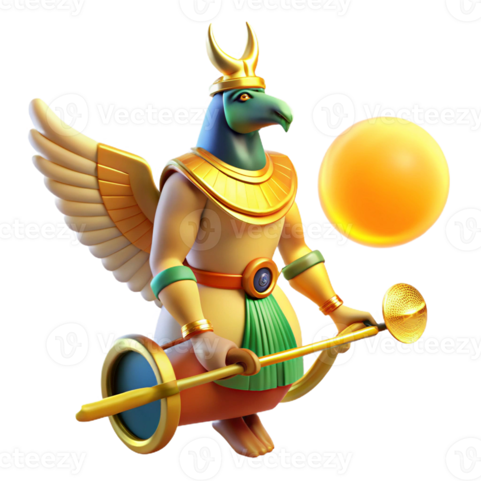 impressive traditional A majestic Ra with a falcon head and a solar disk, riding his sun chariot across the sky, in a vibrant, ancient Egyptian style premium png