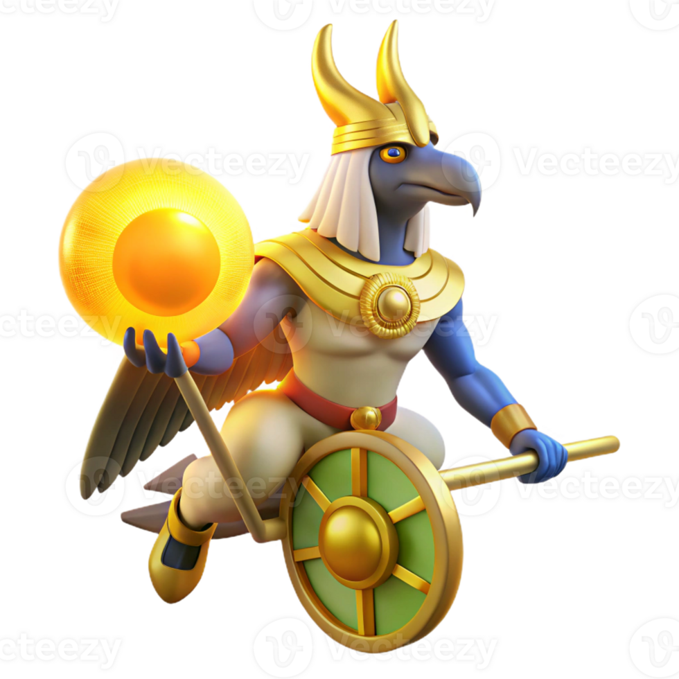 extraordinary rustic A majestic Ra with a falcon head and a solar disk, riding his sun chariot across the sky, in a vibrant, ancient Egyptian style high resolution png