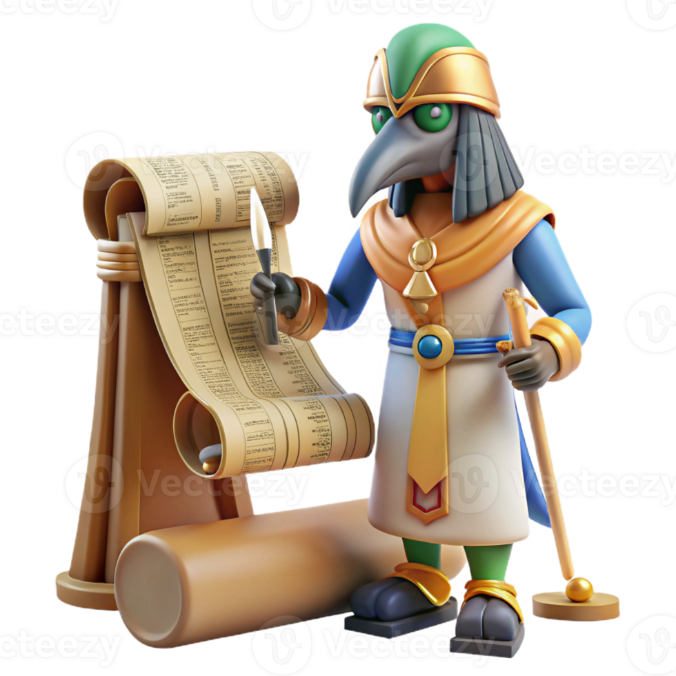 impressive artistic A wise Thoth with the head of an ibis, writing hieroglyphs on a papyrus scroll, in a dimly lit temple, in a detailed, ancient Egyptian style detailed png