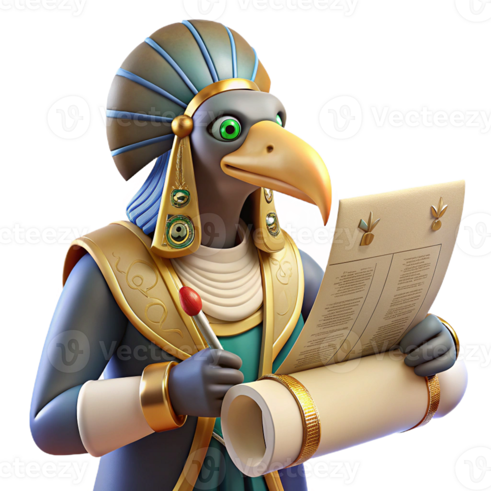 extraordinary creative A wise Thoth with the head of an ibis, writing hieroglyphs on a papyrus scroll, in a dimly lit temple, in a detailed, ancient Egyptian style original png