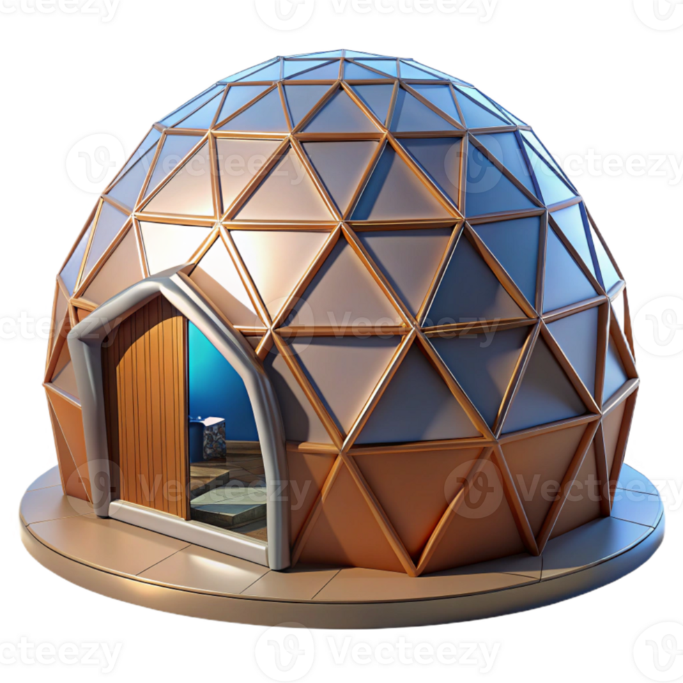 elegant contemporary Geodesic dome home, triangular panels, soft interior light, futuristic style premium png