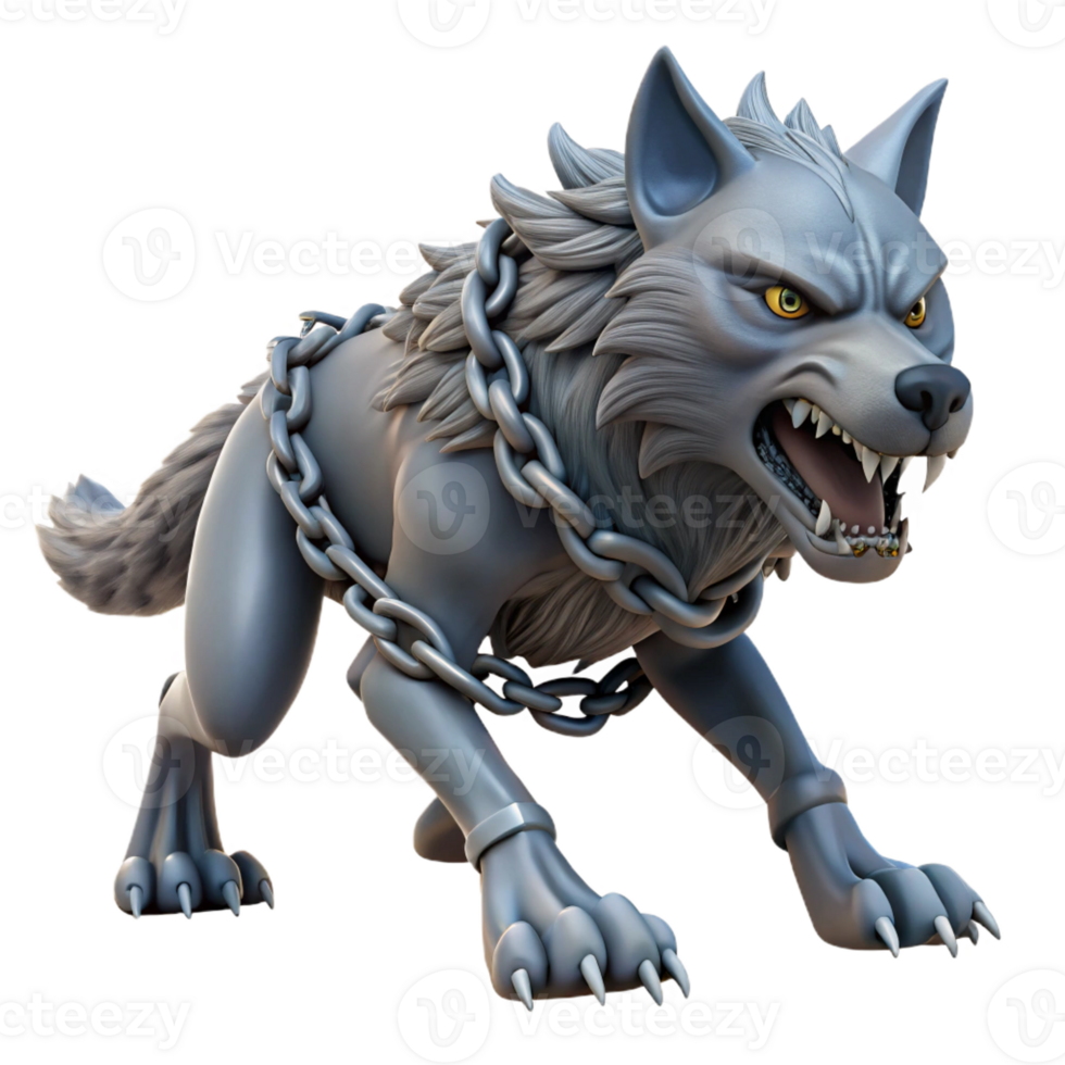 beautiful modern A powerful Fenrir, the monstrous wolf, bound by Gleipnir, struggling against his chains, in a dark, icy landscape, in a fearsome, Norse mythology style professional png