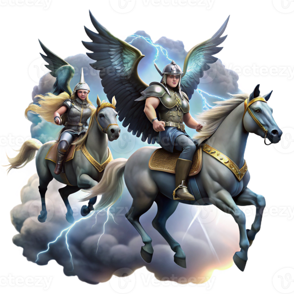 serene traditional A group of Valkyries riding winged horses, carrying fallen warriors to Valhalla, under a stormy sky, lit by lightning, in a dramatic, Norse mythology style authentic png