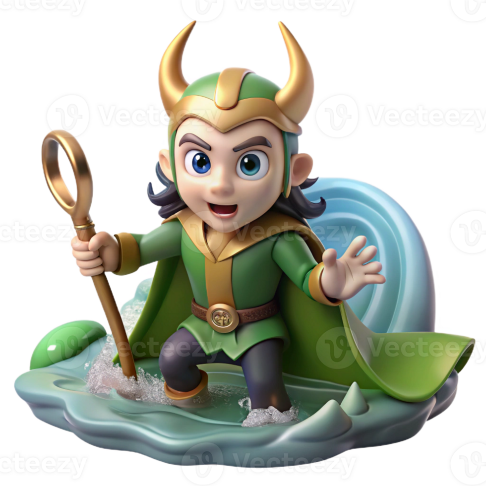 stunning contemporary A mischievous Loki, the trickster god, shapeshifting into a salmon, in a rushing river, under a cloudy sky, in a dynamic, Norse mythology style high quality png