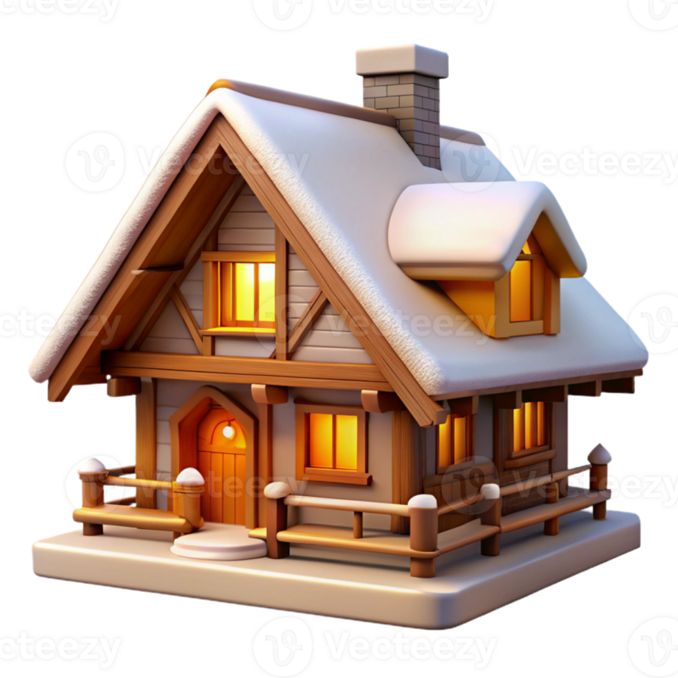 magnificent classic Swiss chalet, wooden beams, snow-covered roof, warm interior light authentic png