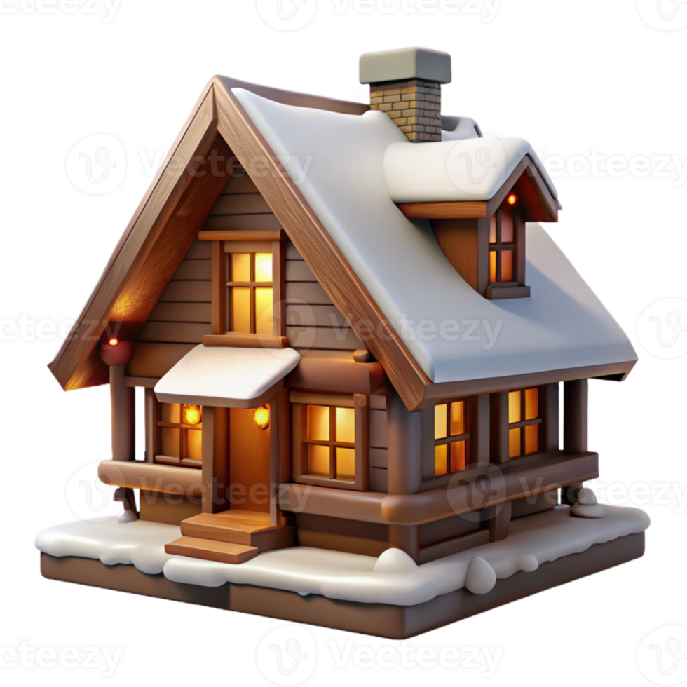 beautiful contemporary Swiss chalet, wooden beams, snow-covered roof, warm interior light high resolution png