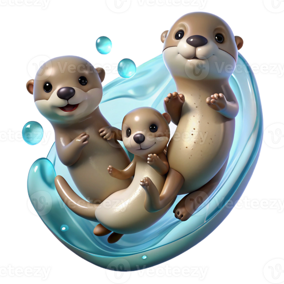 serene abstract A family of playful otters holding hands, floating in crystal clear water, soft lighting, whimsical illustration style genuine png