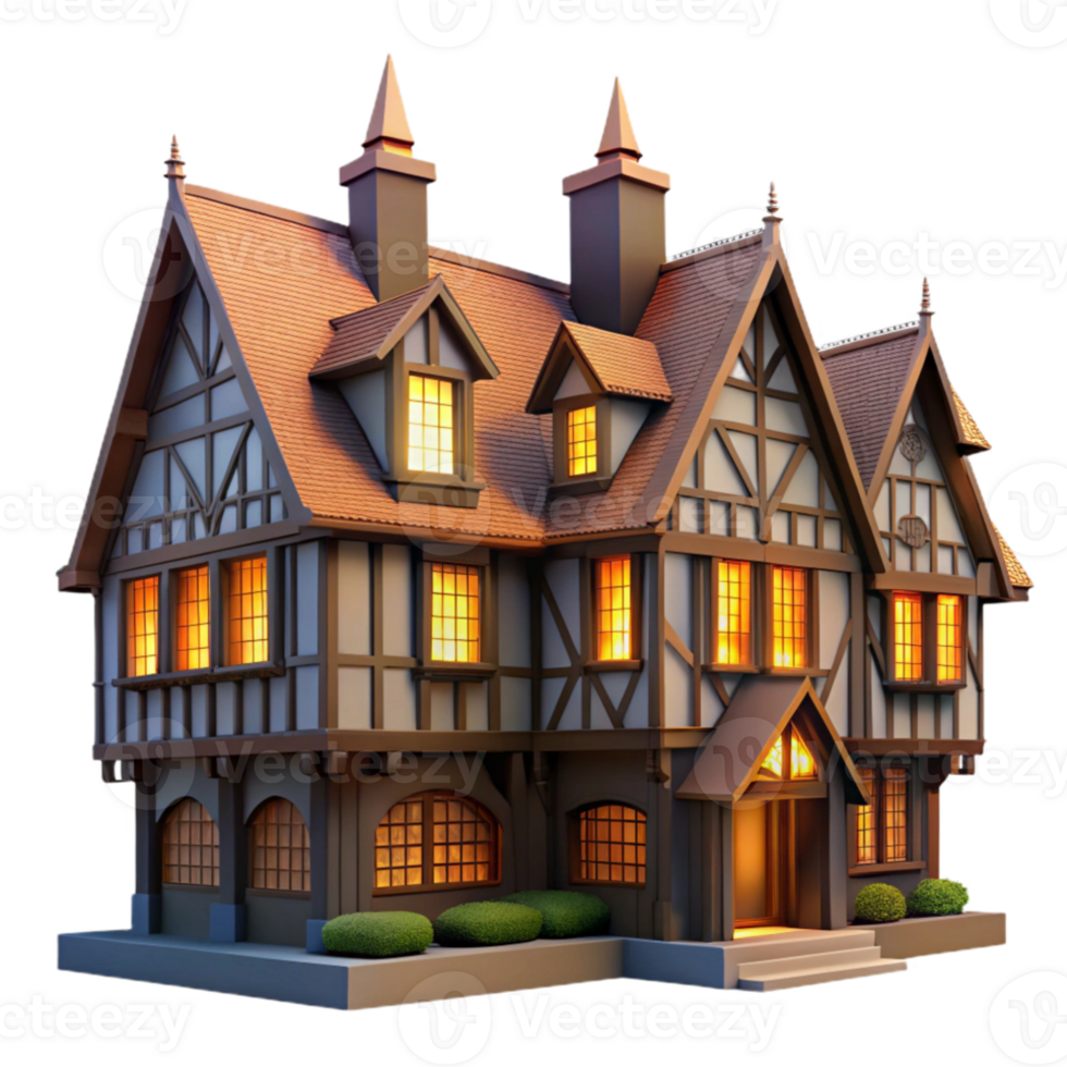 dramatic minimalist Tudor manor house, half-timbered walls, leaded windows, overcast light 4K png