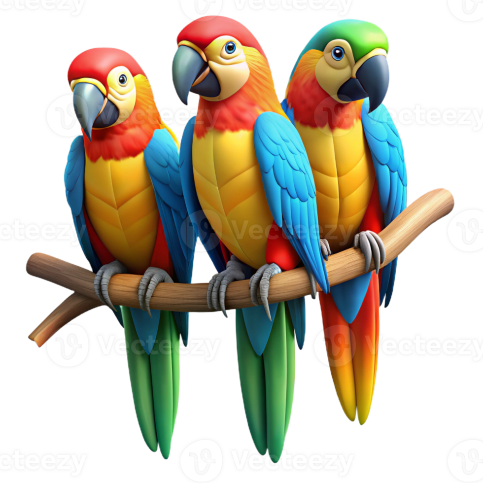 elegant creative A group of colorful macaws perched on a branch, jungle setting, vibrant colors, digital art style exclusive png