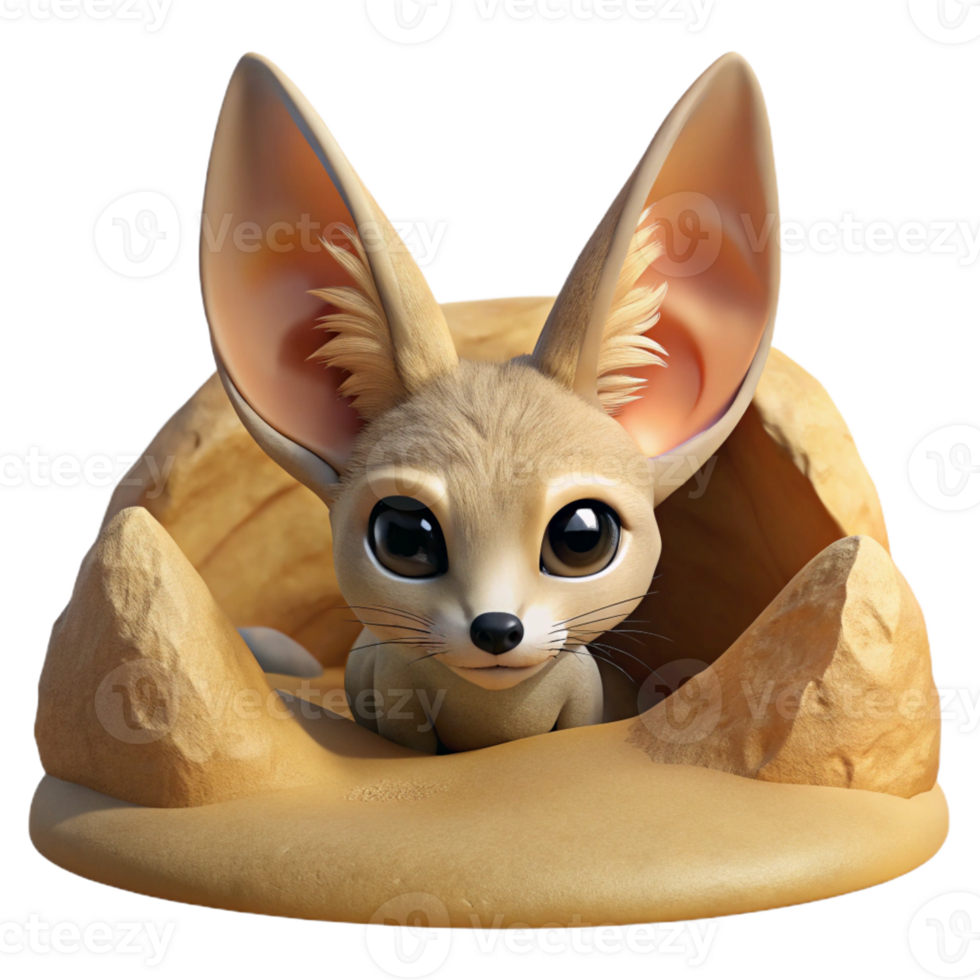 stunning abstract A curious Fennec fox peering from its burrow, desert setting, warm lighting, realistic rendering style original png