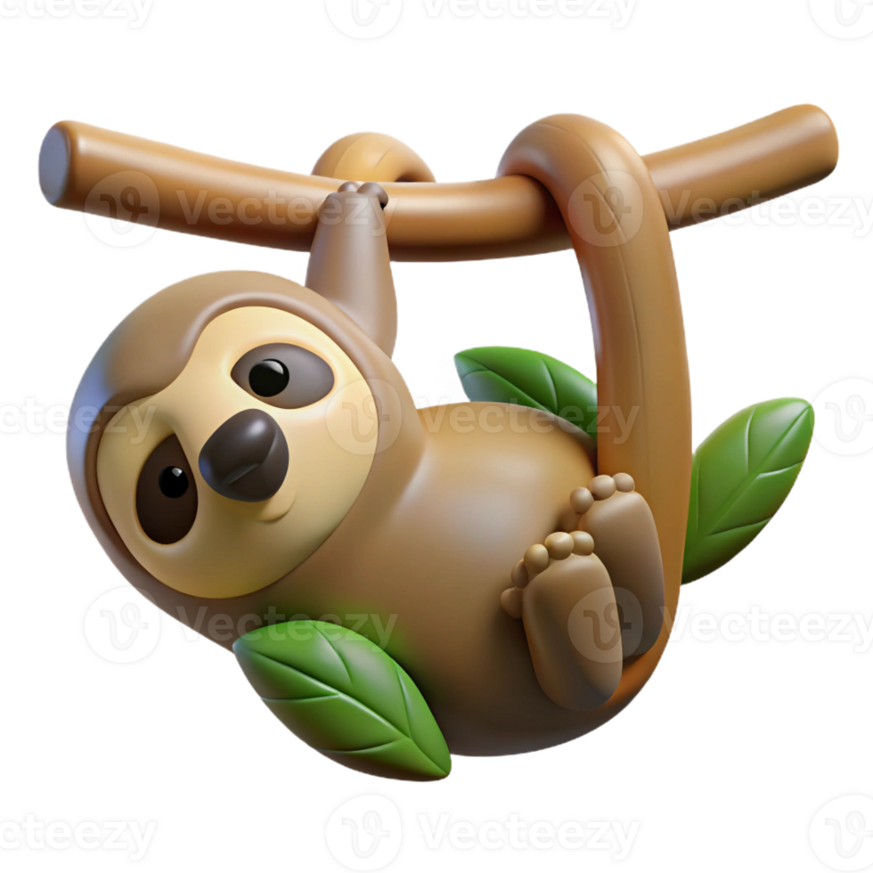 dramatic classic A sleepy sloth hanging upside down from a branch, rainforest setting, dappled sunlight, photographic style high quality png