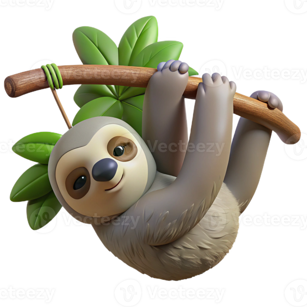 extraordinary modern A sleepy sloth hanging upside down from a branch, rainforest setting, dappled sunlight, photographic style original png