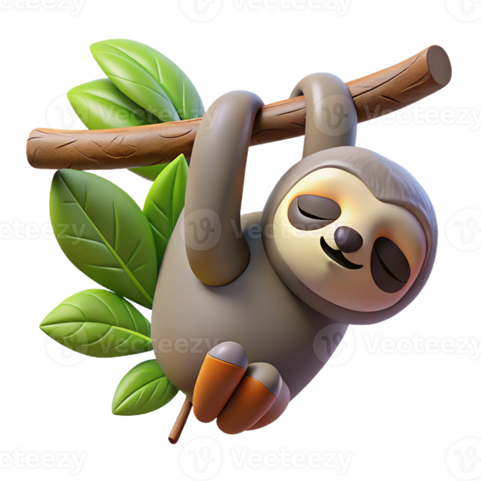 wonderful modern A sleepy sloth hanging upside down from a branch, rainforest setting, dappled sunlight, photographic style premium png
