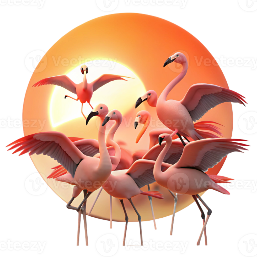 dramatic vintage A flock of flamingos taking flight, salt flat setting, sunset lighting, silhouette style 4K png