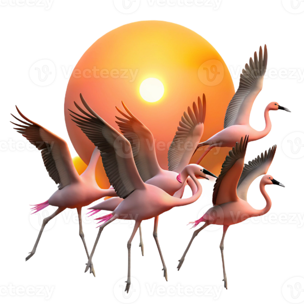 dramatic modern A flock of flamingos taking flight, salt flat setting, sunset lighting, silhouette style authentic png