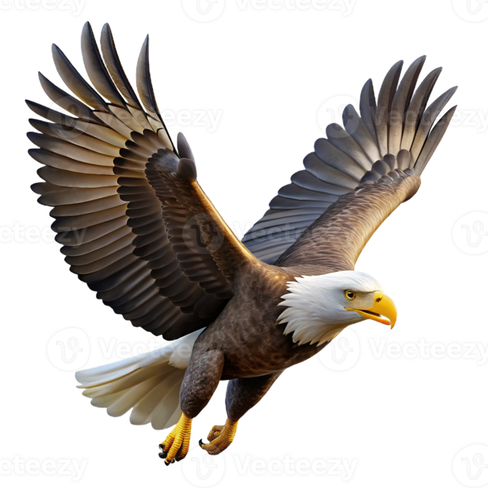 magnificent vintage A majestic bald eagle soaring through the sky, mountain backdrop, dramatic lighting, realistic rendering style professional png