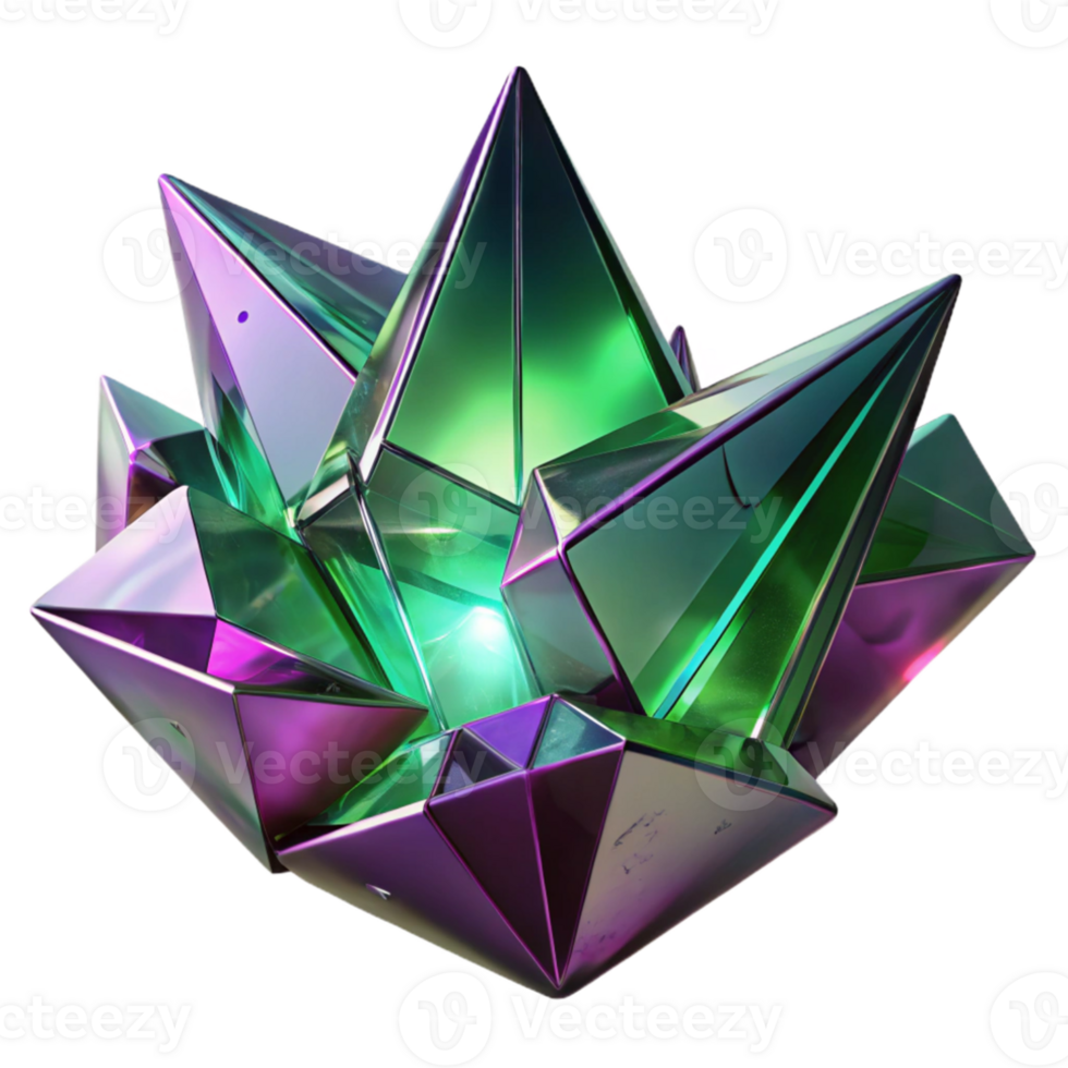 wonderful classic Fractured shards of amethyst and emerald glass, reflecting refracted light beams in a dark, ethereal void. Art Deco style with ray tracing rendering high resolution png