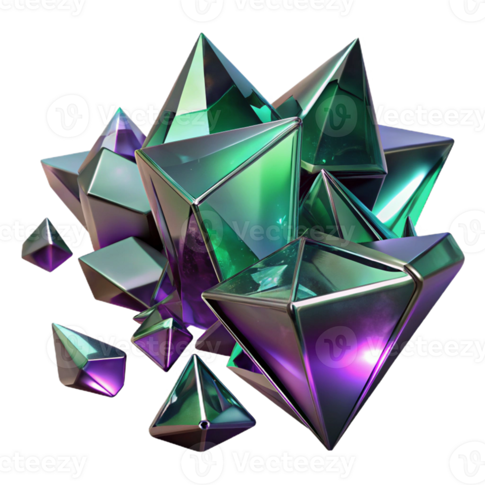 elegant abstract Fractured shards of amethyst and emerald glass, reflecting refracted light beams in a dark, ethereal void. Art Deco style with ray tracing rendering professional png