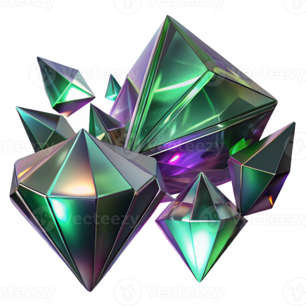 wonderful artistic Fractured shards of amethyst and emerald glass, reflecting refracted light beams in a dark, ethereal void. Art Deco style with ray tracing rendering genuine png