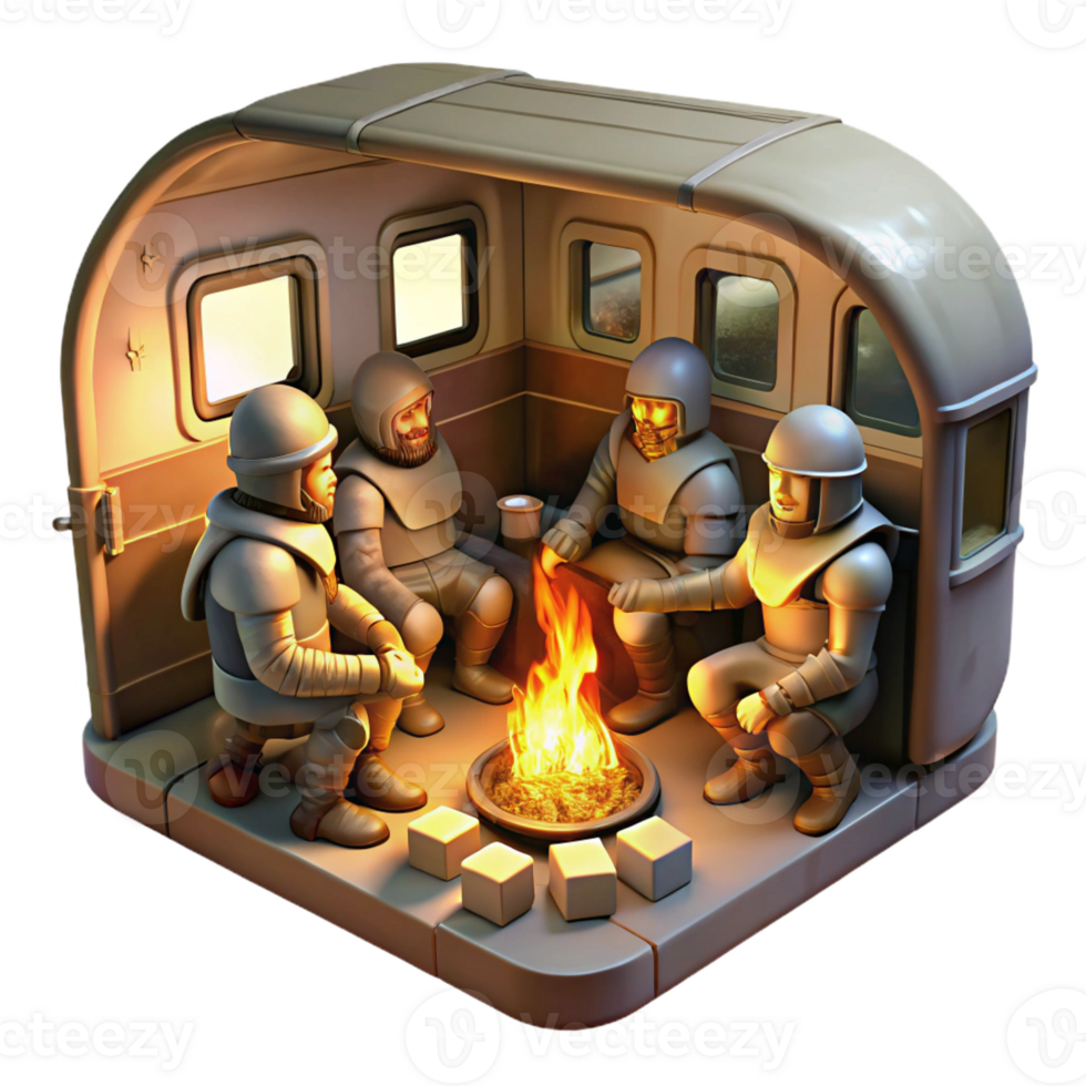 impressive vintage A group of survivors, clad in scavenged armor, huddle around a makeshift campfire within a hollowed-out subway car, warm firelight, chiaroscuro, painterly style high quality png