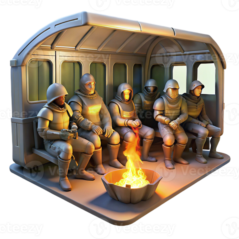 serene rustic A group of survivors, clad in scavenged armor, huddle around a makeshift campfire within a hollowed-out subway car, warm firelight, chiaroscuro, painterly style detailed png