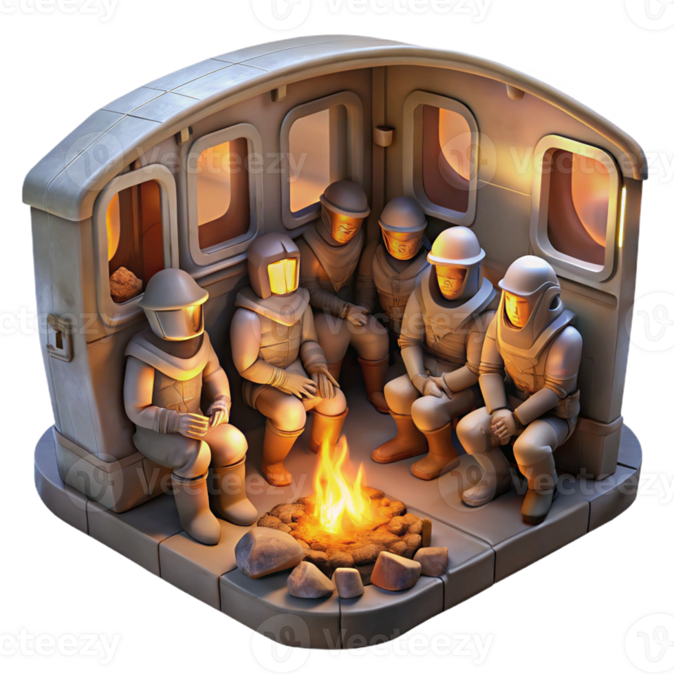 dramatic rustic A group of survivors, clad in scavenged armor, huddle around a makeshift campfire within a hollowed-out subway car, warm firelight, chiaroscuro, painterly style detailed png