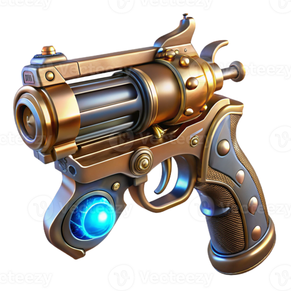 magnificent contemporary A gleaming steampunk pistol with ornate engravings and glowing vacuum tubes, highly polished, ray tracing, sharp focus authentic png