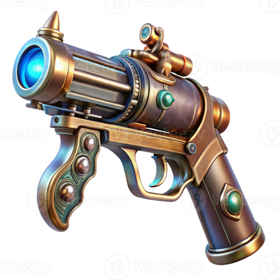 magnificent artistic A gleaming steampunk pistol with ornate engravings and glowing vacuum tubes, highly polished, ray tracing, sharp focus high quality png