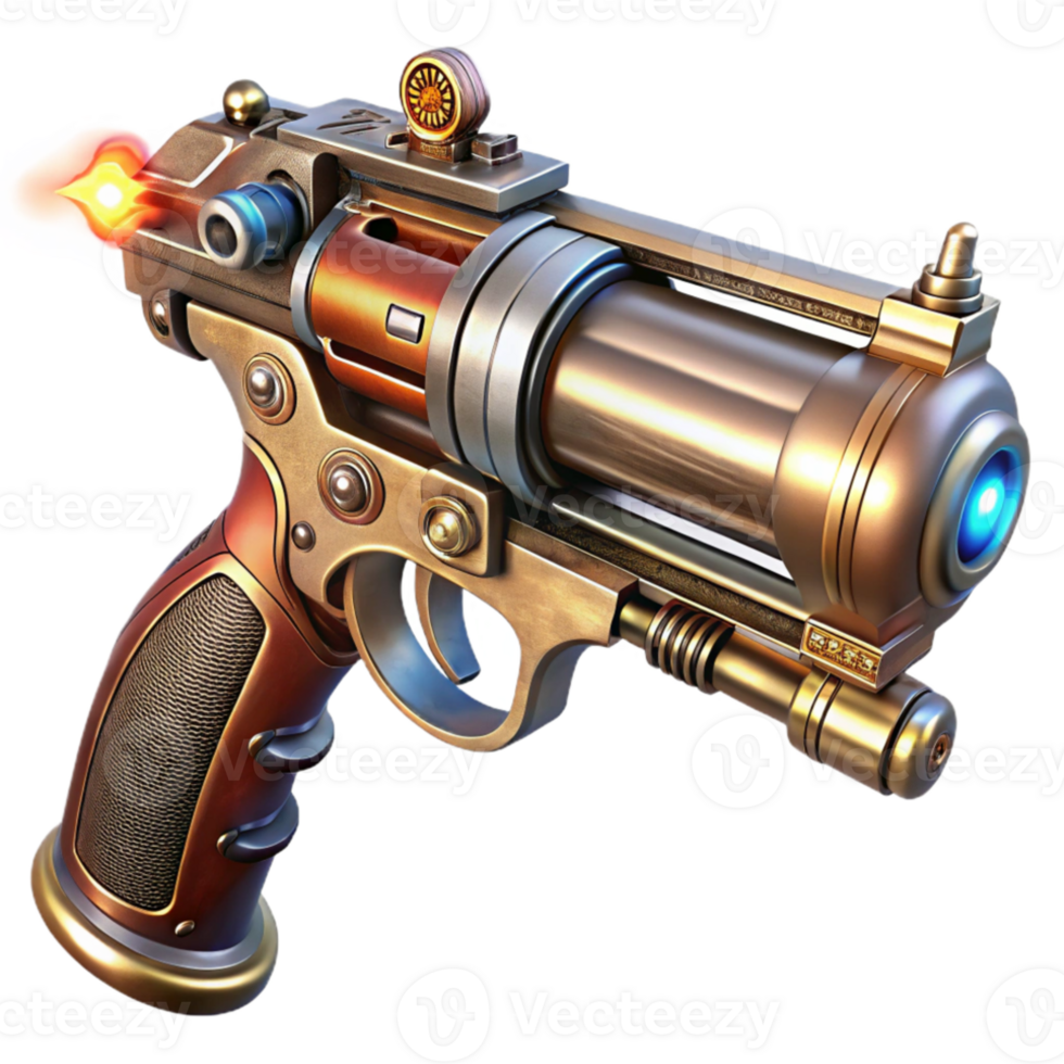 vibrant modern A gleaming steampunk pistol with ornate engravings and glowing vacuum tubes, highly polished, ray tracing, sharp focus professional png